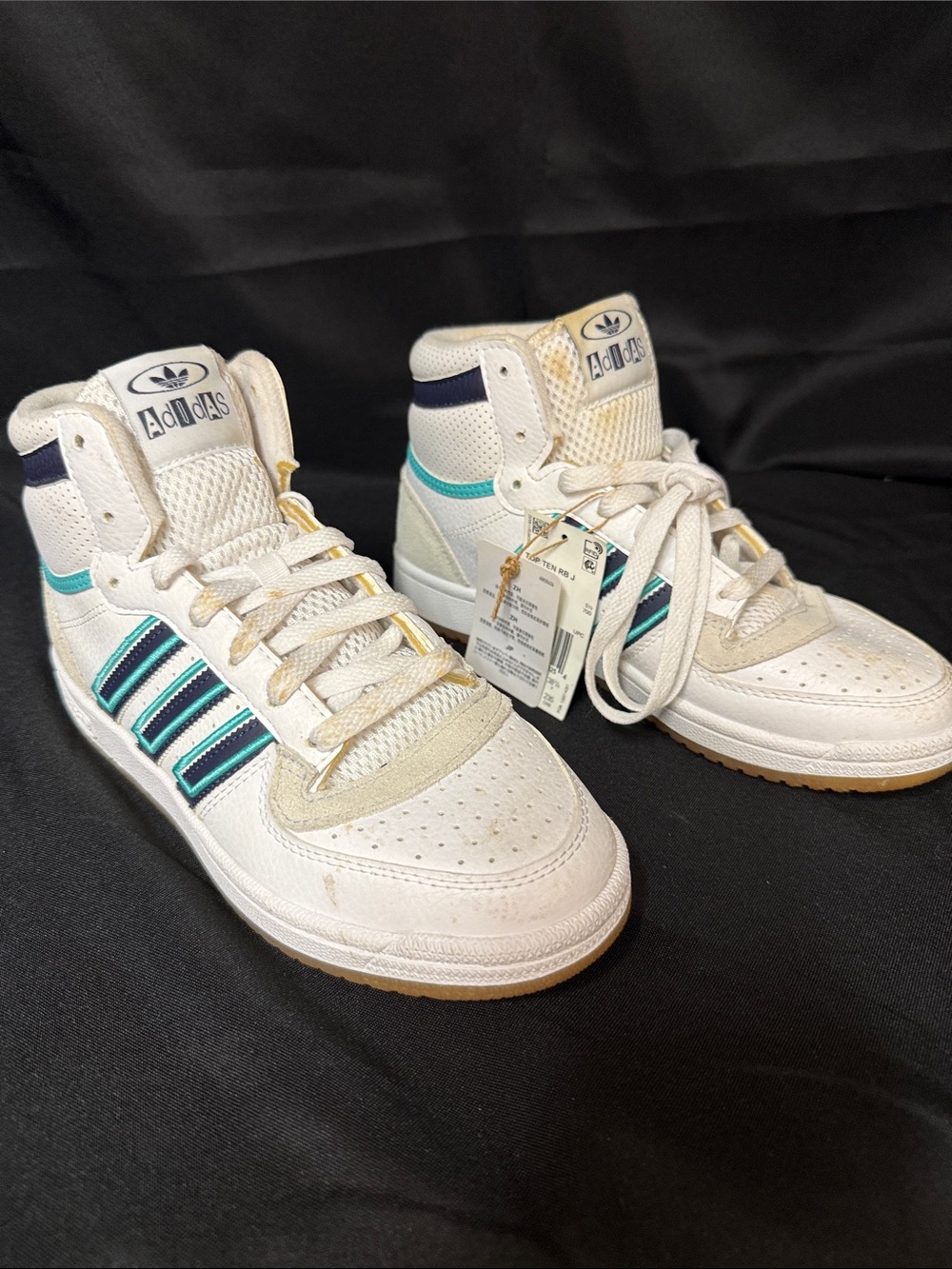adidas Kids Top Ten RB J White High-Top Sneakers with Teal & Navy Stripe Accents